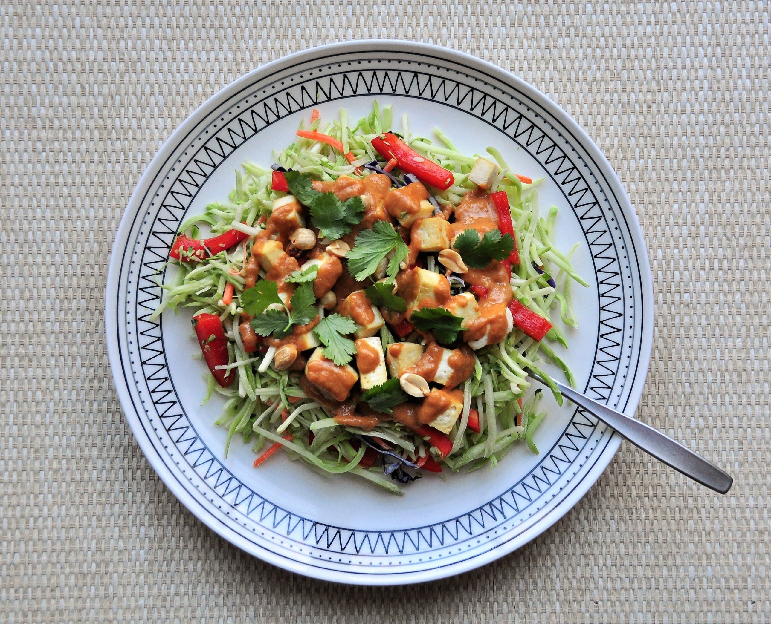 Broccoli Slaw Salad with Baked Tofu and Peanut Dressing Tangled Up In