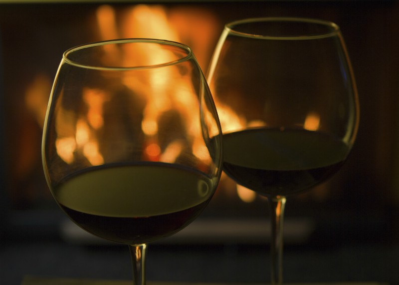 Wine glasses with fireplace