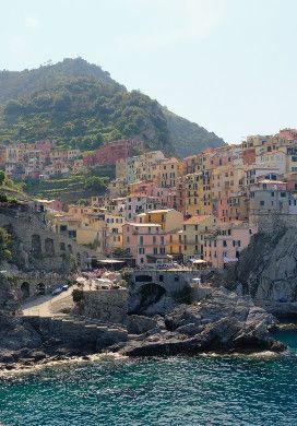 Seaside village on a cliff with colorful houses