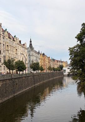 Historic buildings along river in Prague