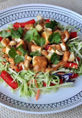 Broccoli Slaw Salad with Baked Tofu and Peanut Dressing