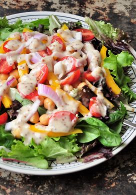 Chickpea and Summer Vegetable Salad with Yogurt Honey Mustard Dressing