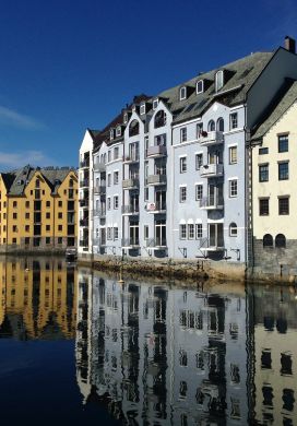 Colorful warehouses in the Alesund harbor