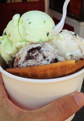 Waffle bowl with mini scoops of ice cream