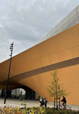 Modernistic building with wood siding
