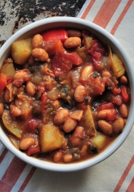 Top down view of bowl of Peruvian potato bean stew