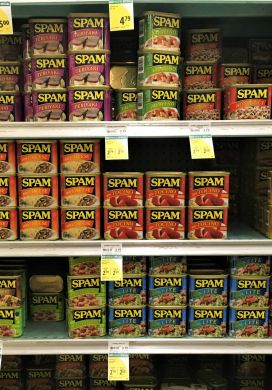 Shelves of Spam at grocery store in Hawaii