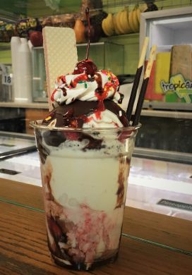 Ice cream sundae on counter at Paleterias Tropicana, Kansas City