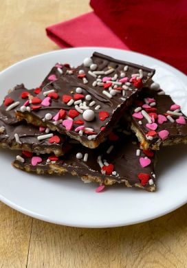 Valentinte's pretzel bark on a white plate