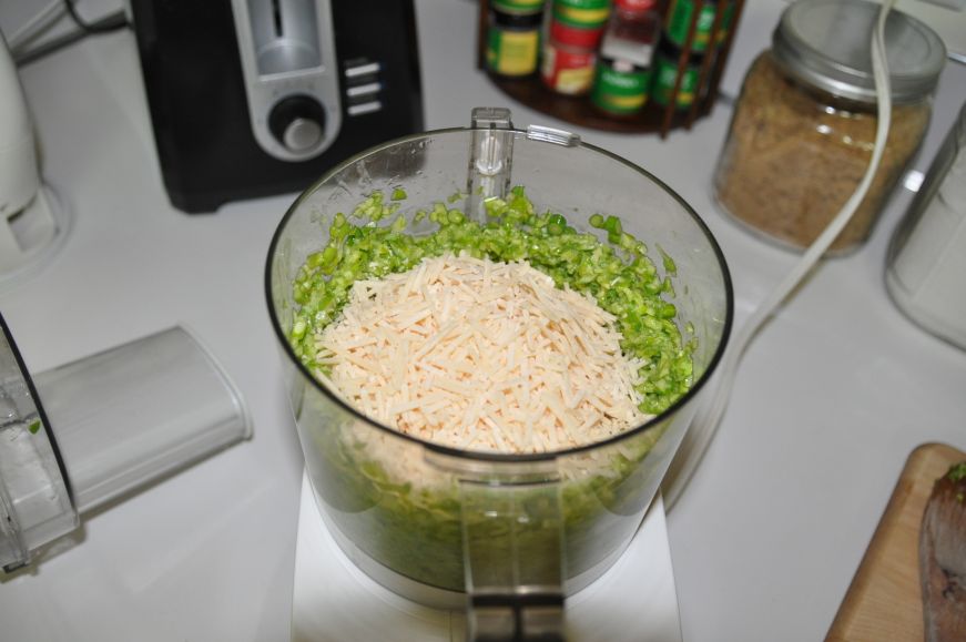 Garlic Scapes and Parmesan Cheese in Food Processor