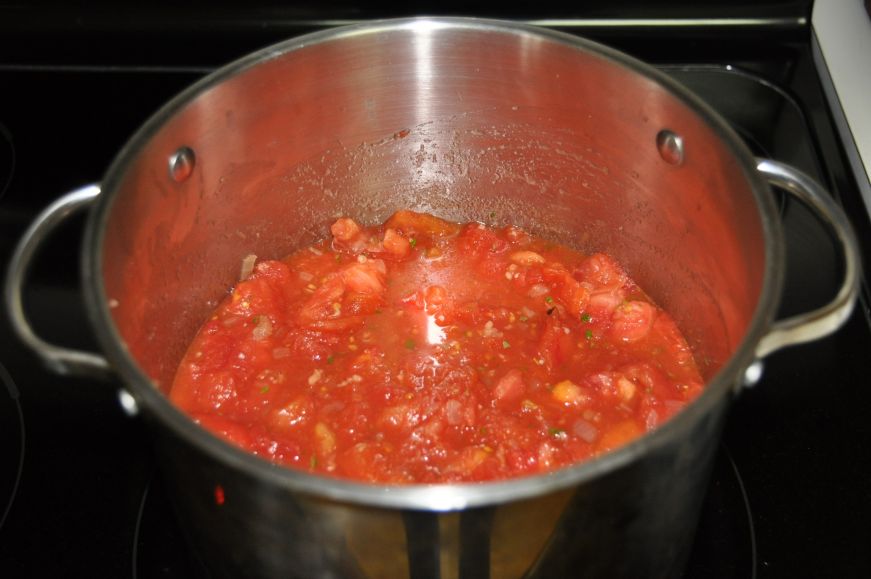 Large pot of tomato sauce on stove