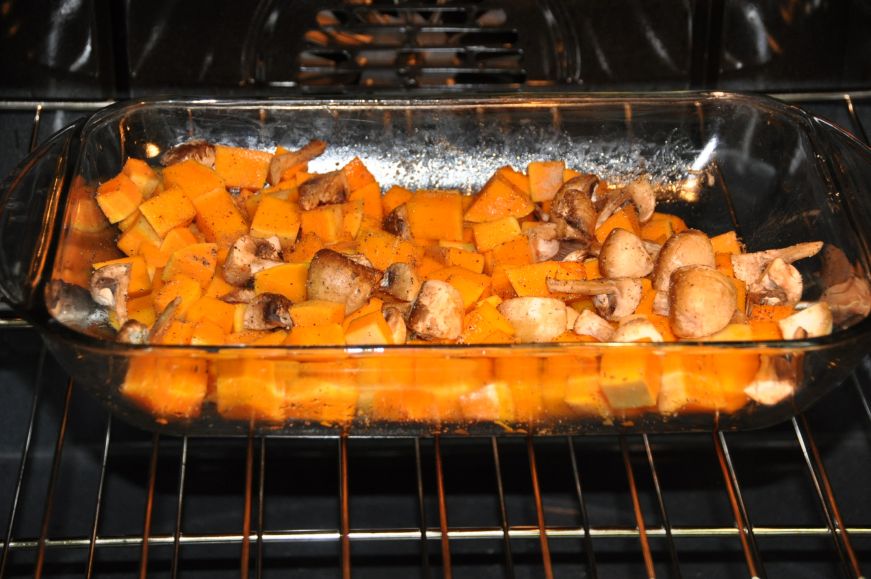 Butternut Squash with Gnocchi and Mushrooms Baking
