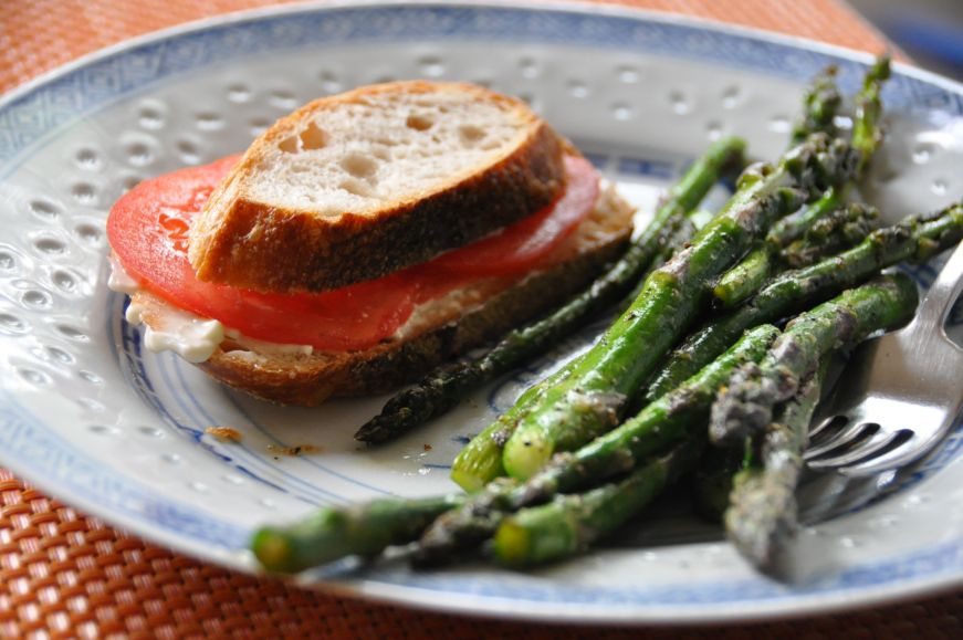 Sourdough, tomatoes, and asparagus from the Union Square Greenmarket