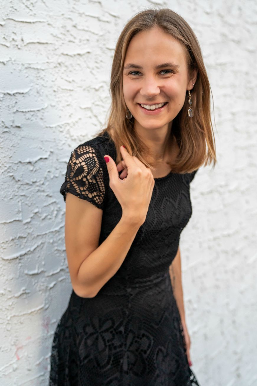 Stacy in black lace dress