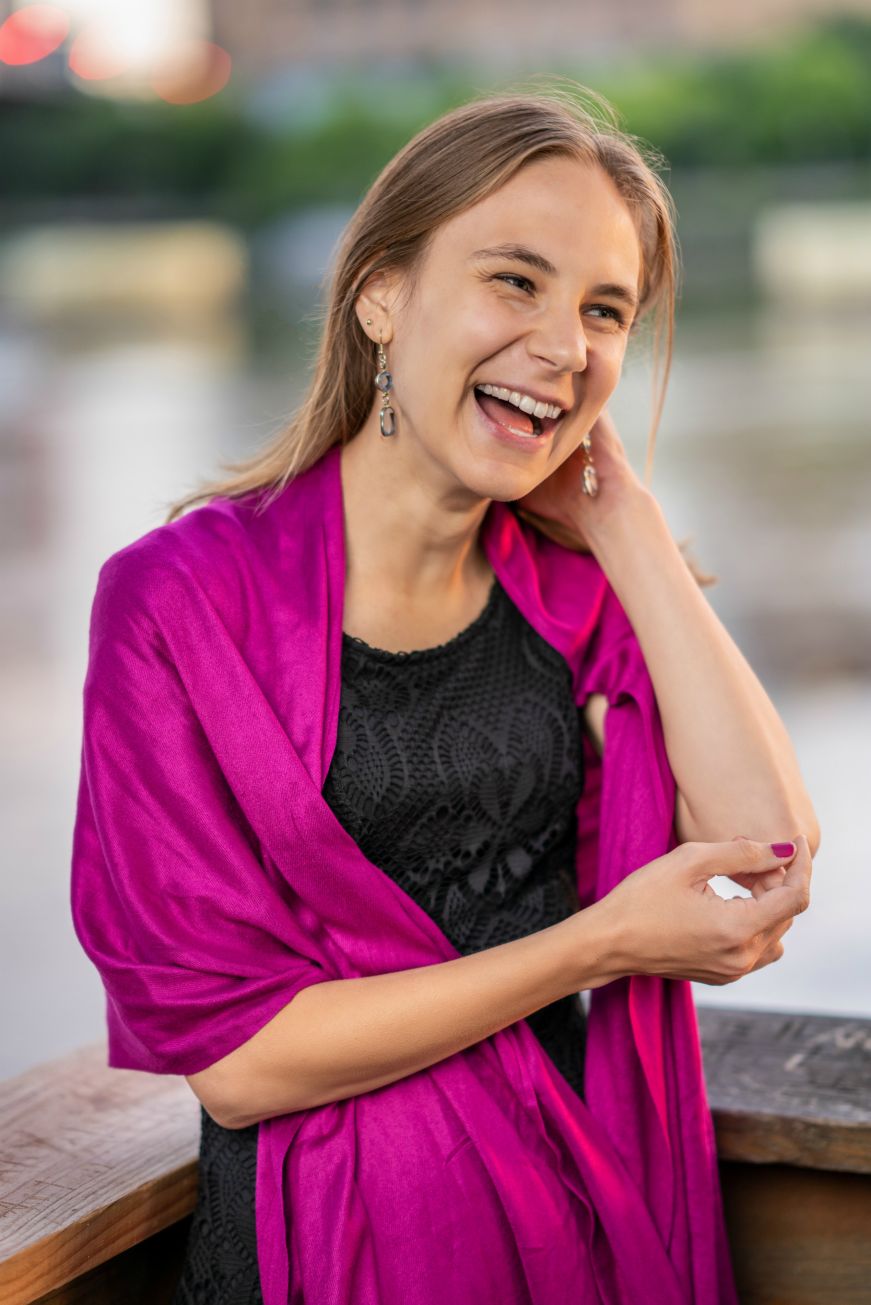 Stacy in black lace dress with pink shawl