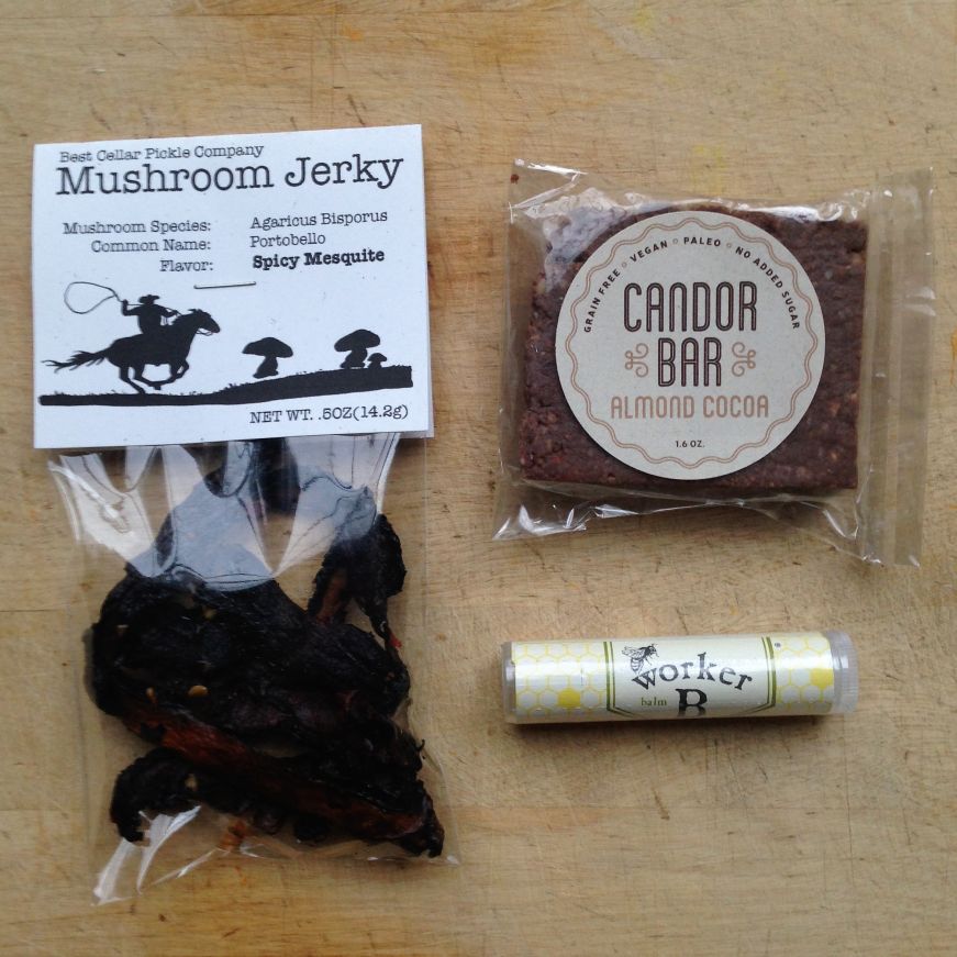 Best Cellar Pickle Company mushroom jerky, Candor Bar, and Worker B lip balm