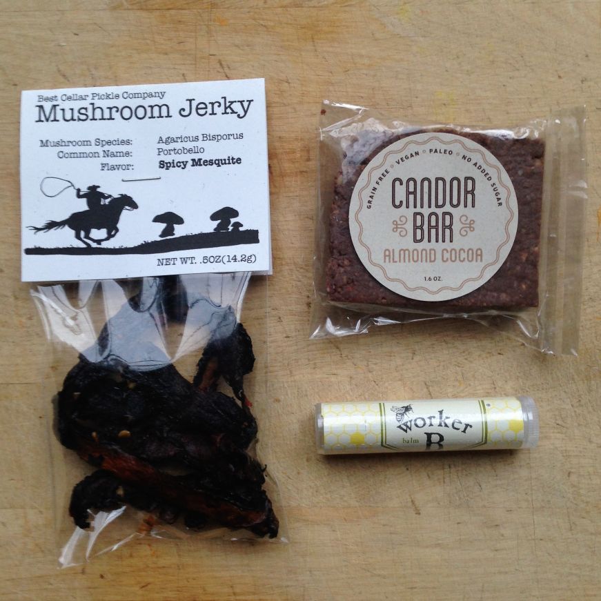 Best Cellar Pickle Company mushroom jerky, Candor Bar, and Worker B lip balm