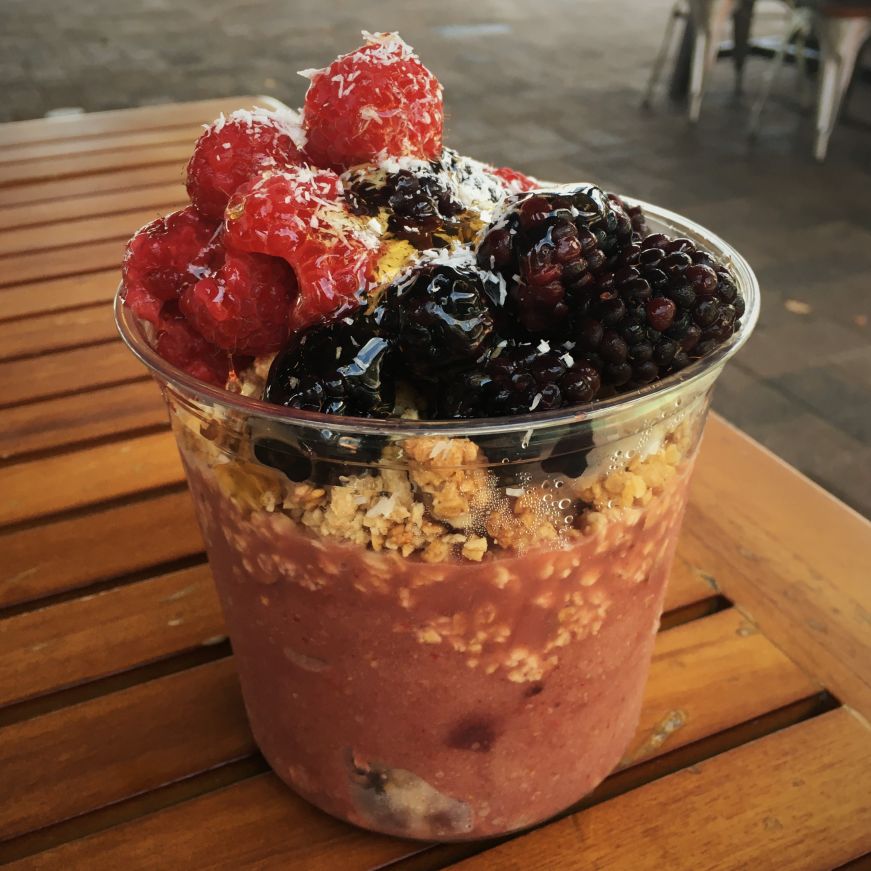 Acai bowl topped with fresh berries, granola, coconut, and honey, Whatever Pops, Tampa