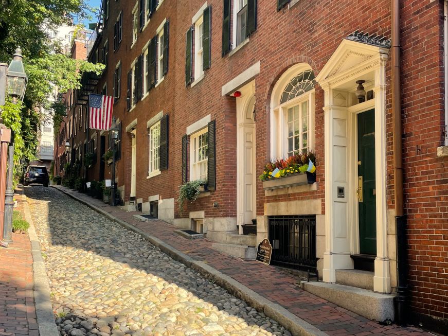Acorn Street, Beacon Hill Narrow cobblestone street lined with brick row houses