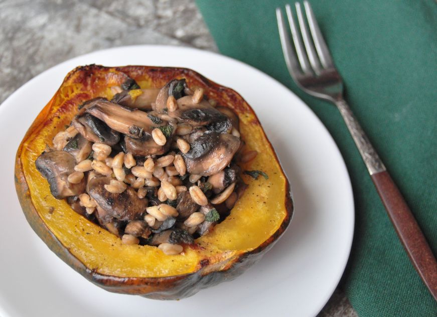 Acorn Squash Stuffed with Farro, Mushrooms, and Sage