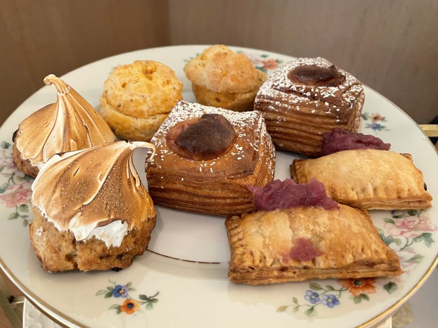 Afternoon tea pastries at the Lynhall, Edina China plate with several miniature pastries