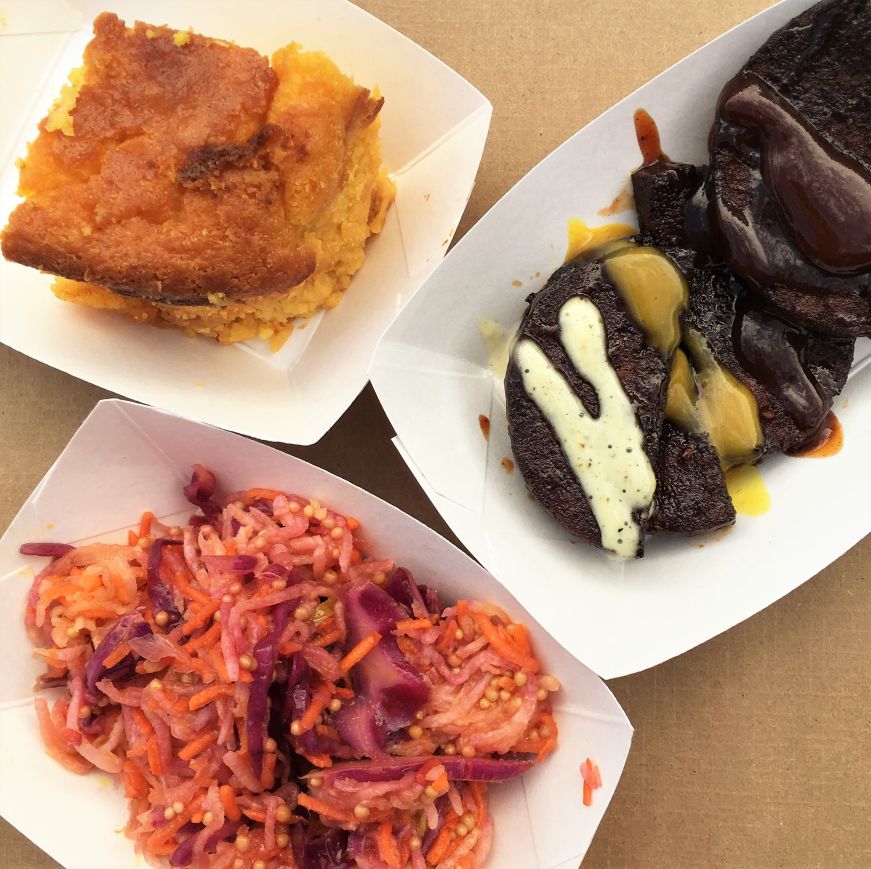 Mexican cornbread, Carolina slaw, and vegan barbecue, Armored Gardens, Davenport Mexican cornbread, Carolina slaw, and vegan barbecue, Armored Gardens, Davenport