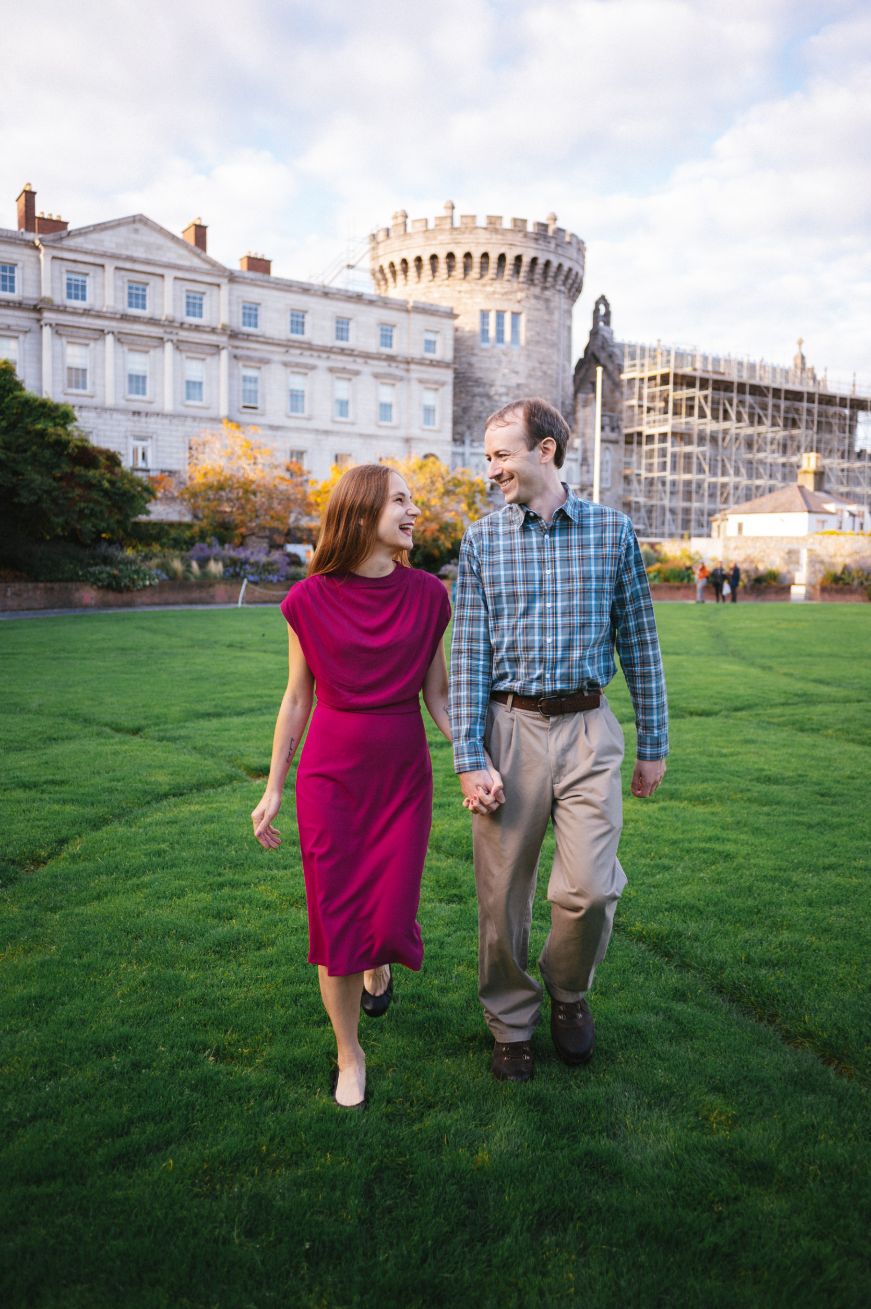 Stacy and Mike strolling with Dublin Castle in the background