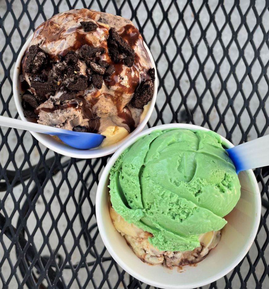 Bebe Zito Ice Cream Top down view of two cups of ice cream on a bistro table