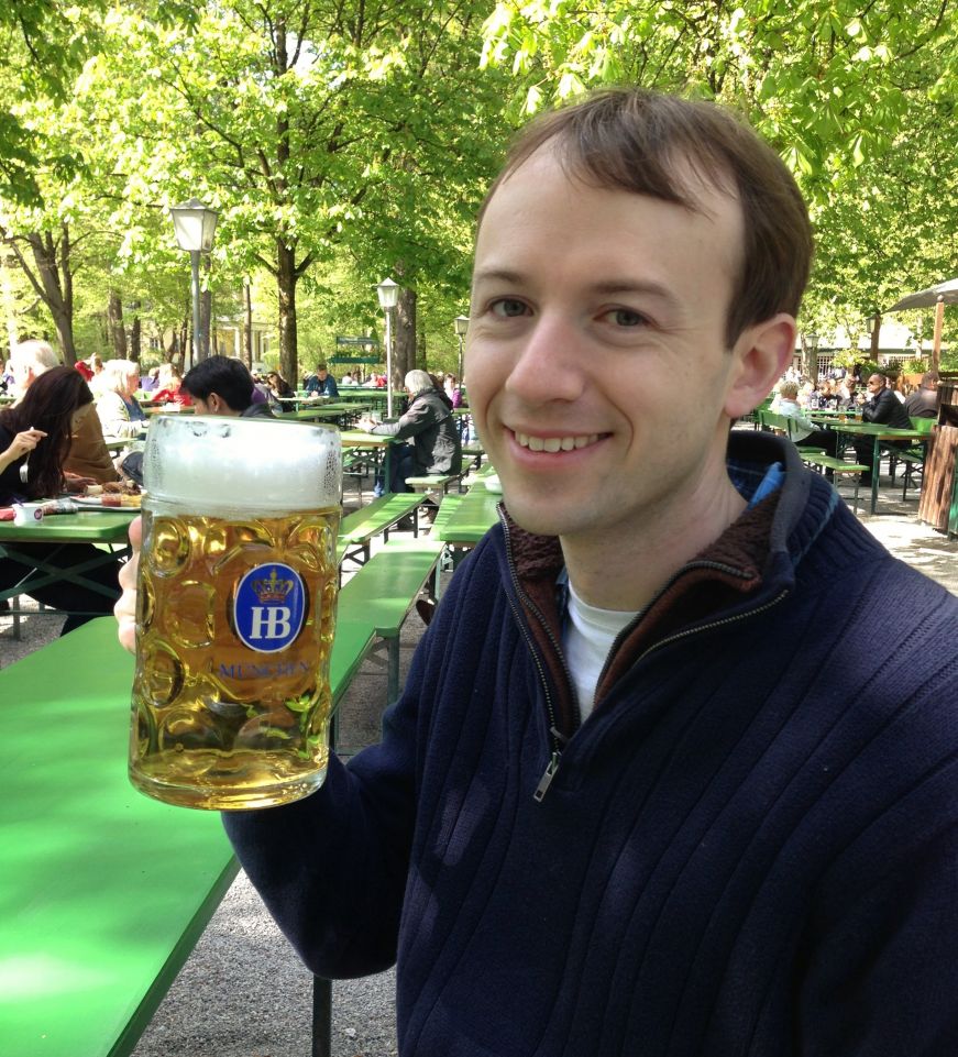 Mike with a beer at the Chinese Tower Beer Garden