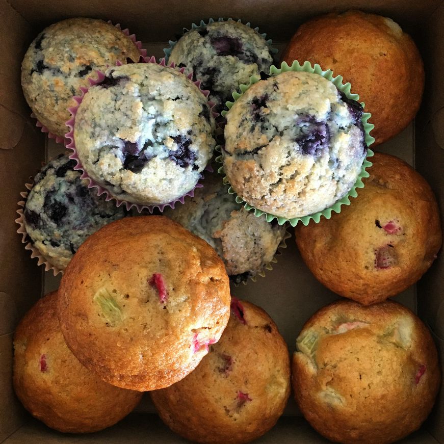 Box of wild blueberry and rhubarb walnut muffins