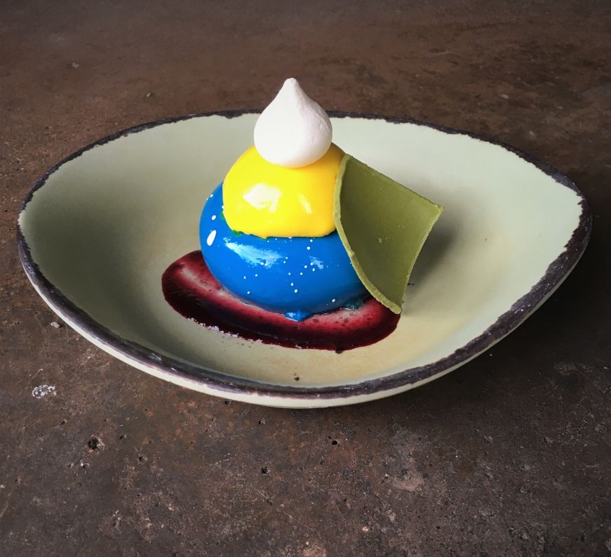 Blueberry Cream Cheese Mousse, Satu'li Canteen, Pandora, Animal Kingdom Bright blue mousse with bright yellow passionfruit curd, Satu'li Canteen, Pandora, Animal Kingdom