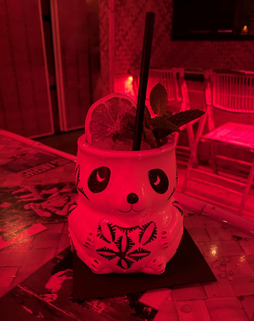 Tiki drink in a panda-shaped glass