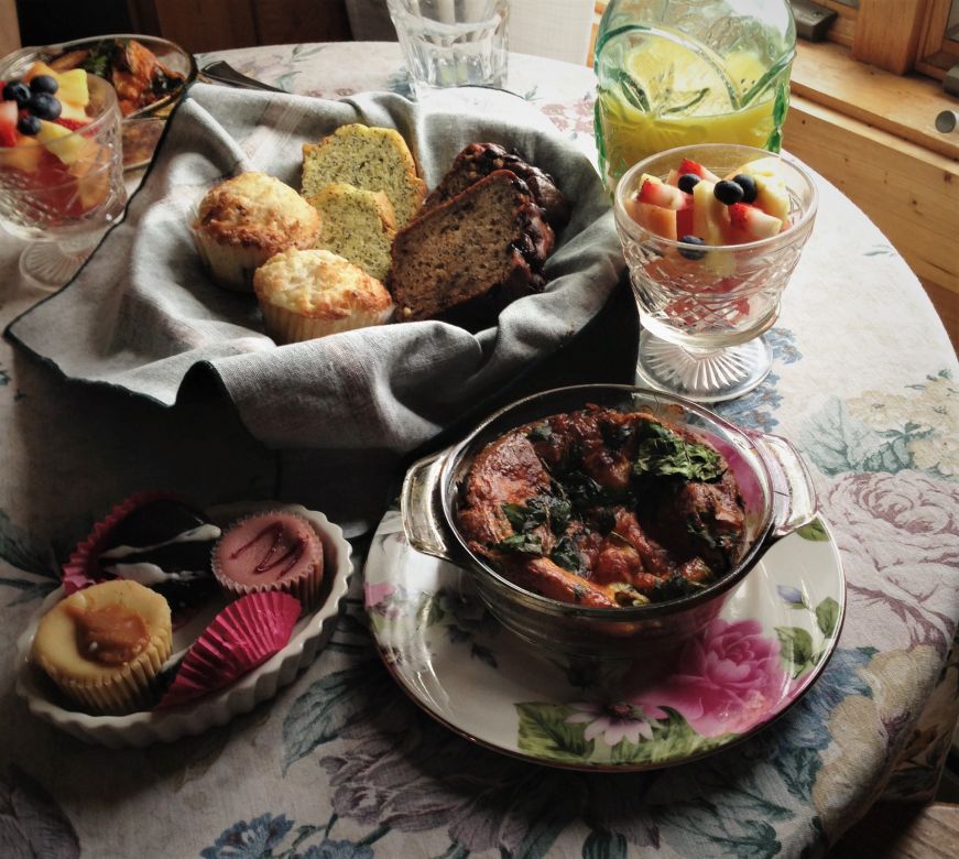 Quiche, basket of pastries, and cups of fruit on table, Cover Park Manor, Stillwater, Minnesota