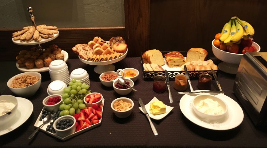 Breakfast buffet with pastries and fruit, Black Hawk Hotel, Cedar Falls, Iowa