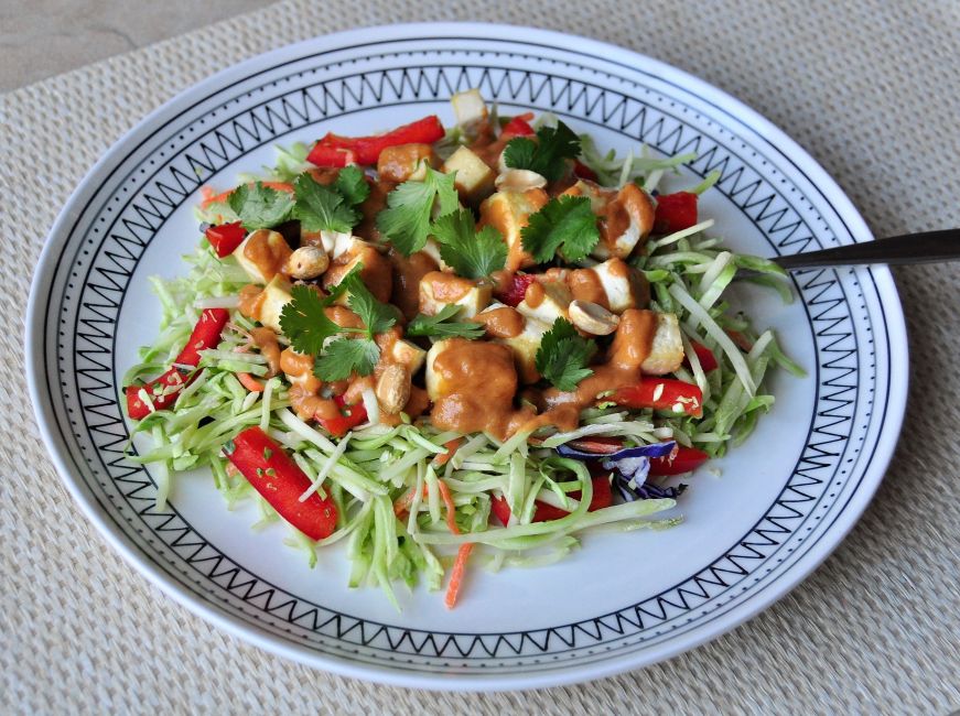 Broccoli Slaw Salad with Baked Tofu and Peanut Dressing