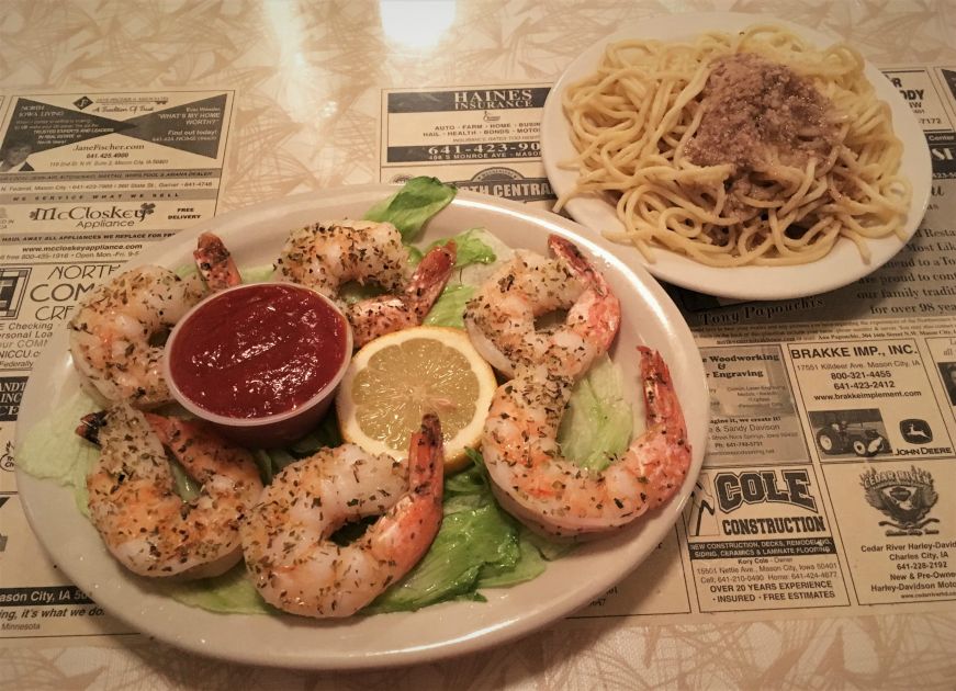 Broiled shrimp and spaghetti, Northwestern Steakhouse, Mason City Broiled shrimp and spaghetti, Northwestern Steakhouse, Mason City
