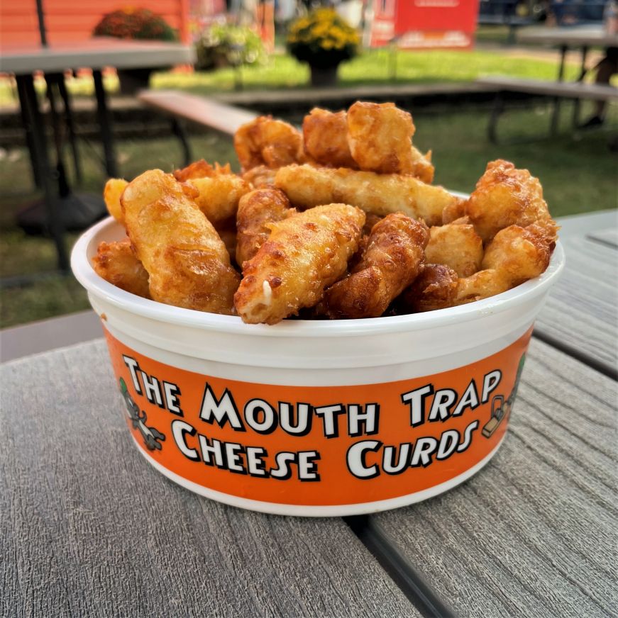 Bucket of deep-fried cheese curds with a Mouth Trap logo