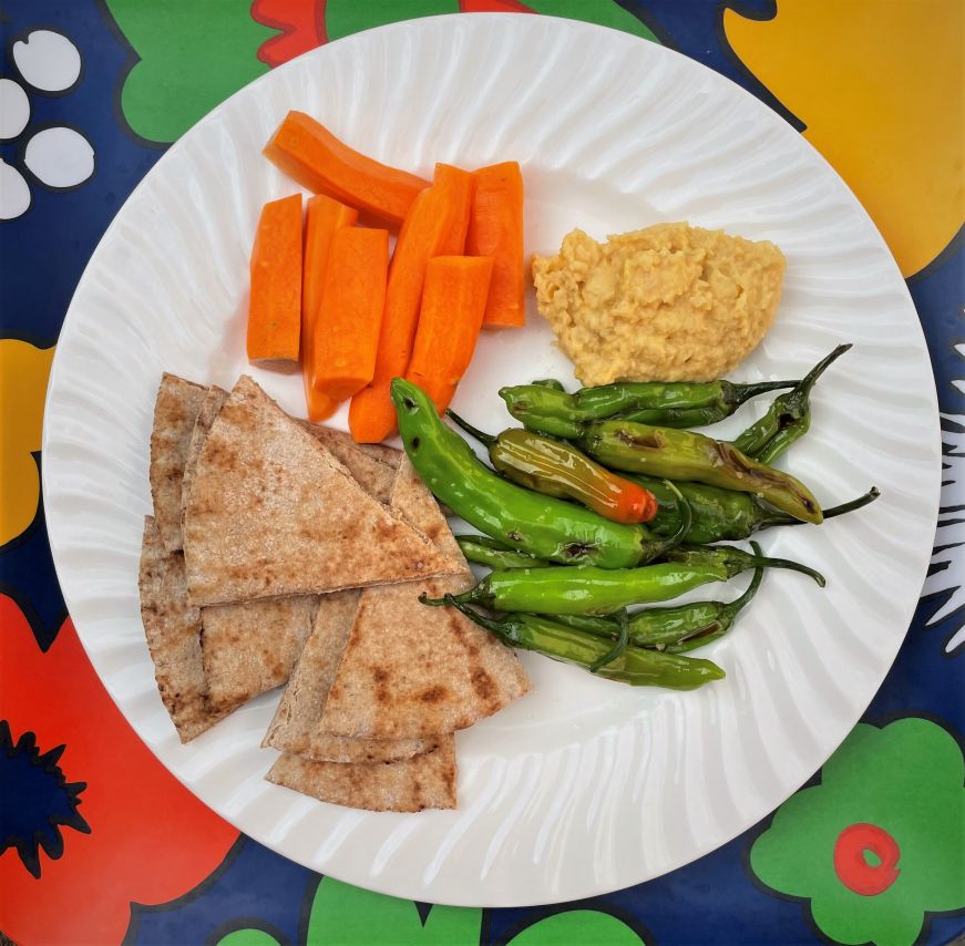 White plate with dollop of hummus and carrots sticks, blistered shishito peppers, and whole wheat pita wedges