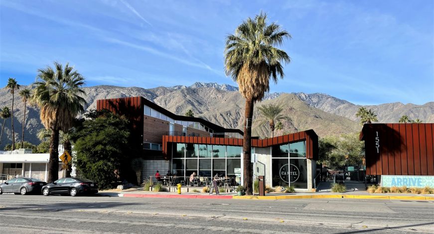 Modern building with mountains in the background