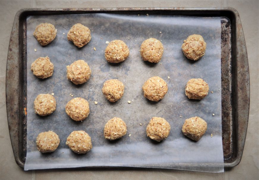 CBD Peanut Butter and Oatmeal Bites on baking sheet