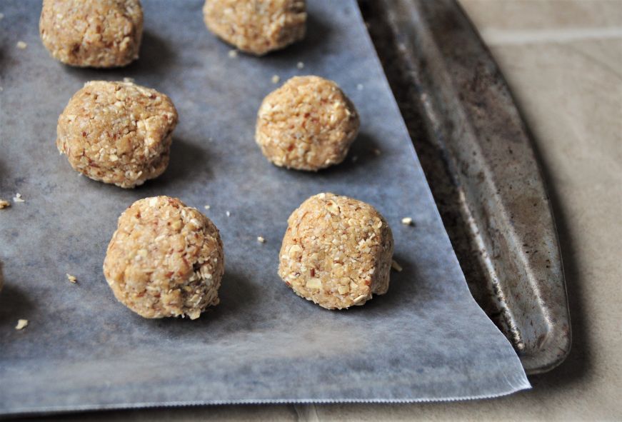 CBD Peanut Butter and Oatmeal Bites on baking sheet