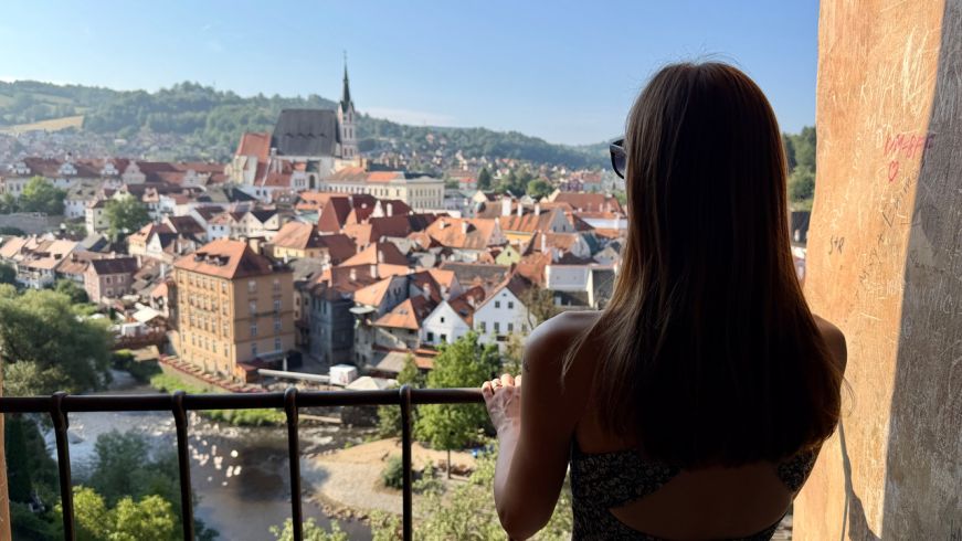 Stacy looking out over a medieval-era small town