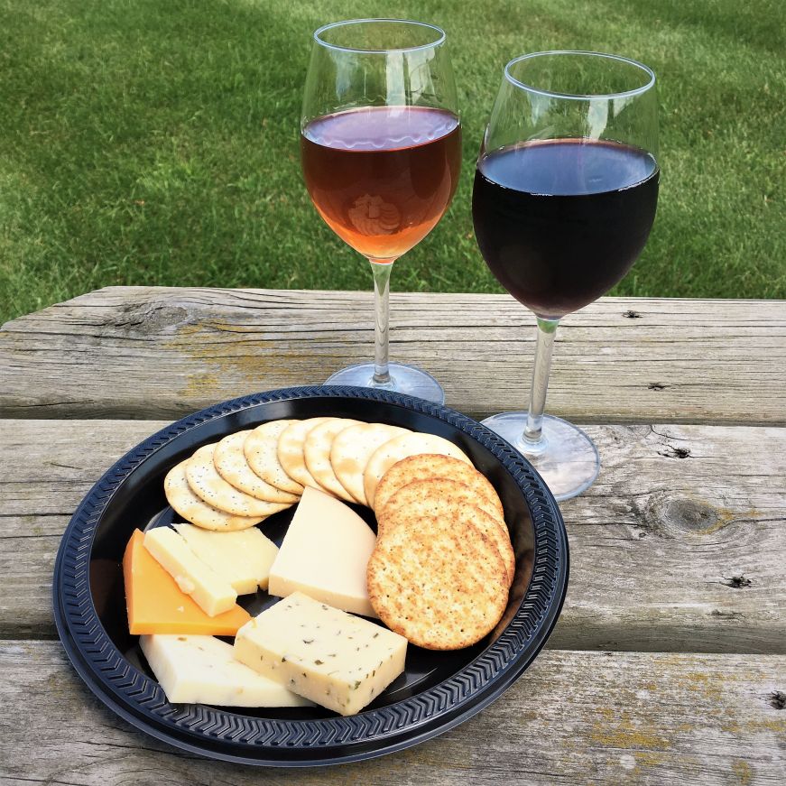 Chateau St. Croix Winery wine glasses and cheese plate