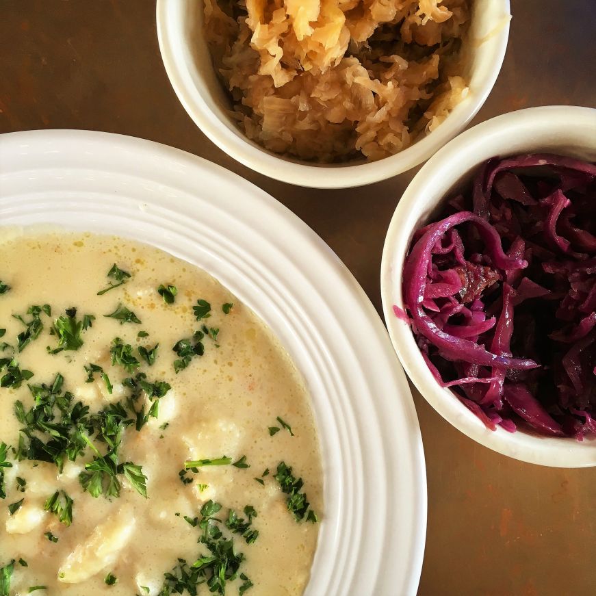 Cheese spätzle, sauerkraut, and red cabbage, Mandan Depot Bier Hall, Mandan
