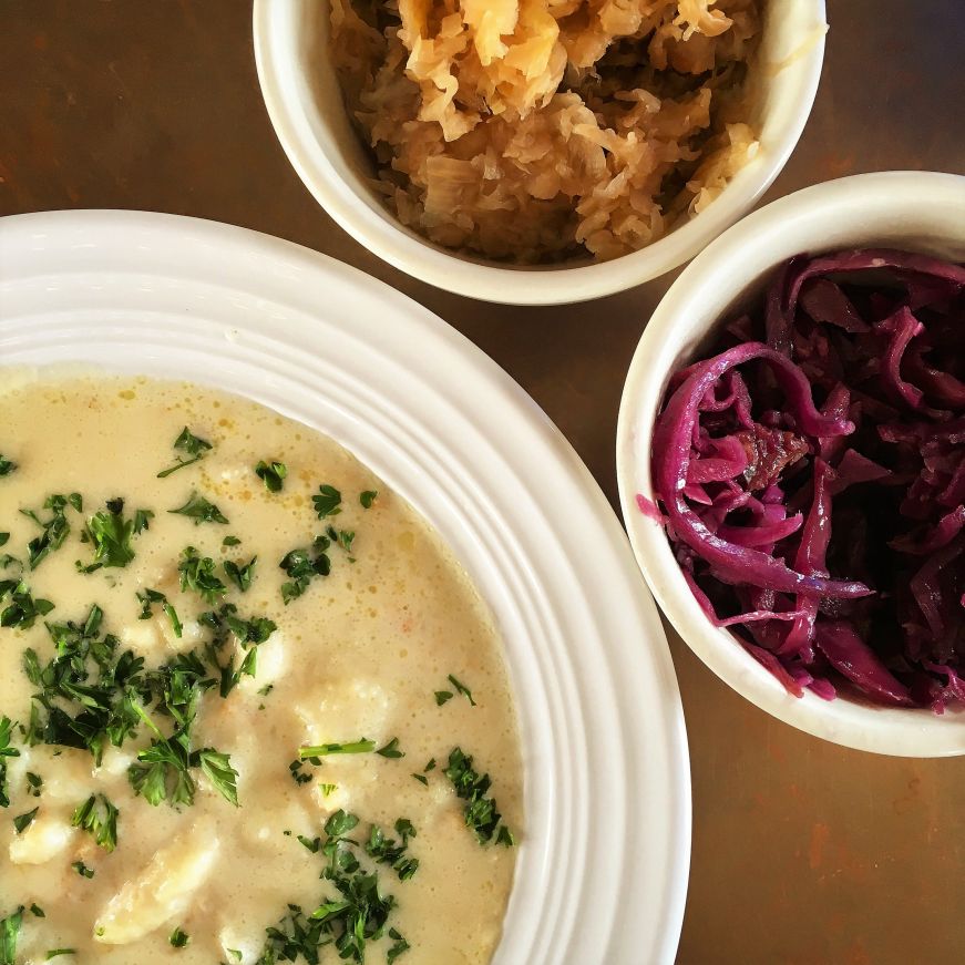 Cheese spätzle, sauerkraut, and red cabbage, Mandan Depot Bier Hall Cheese spätzle, sauerkraut, and red cabbage, Mandan Depot Bier Hall