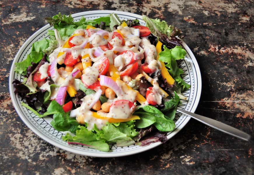 Chickpea and Summer Vegetable Salad with Yogurt Honey Mustard Dressing