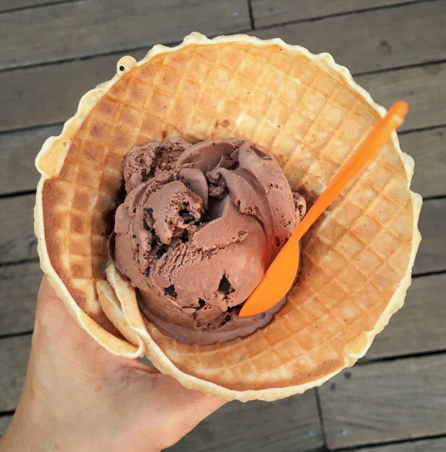 Chocolate chocolate chunk ice cream in a waffle bowl, Brooklyn Ice Cream Factory