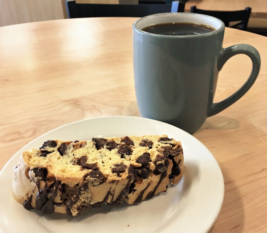 Chocolate chip biscotti and mug of coffee