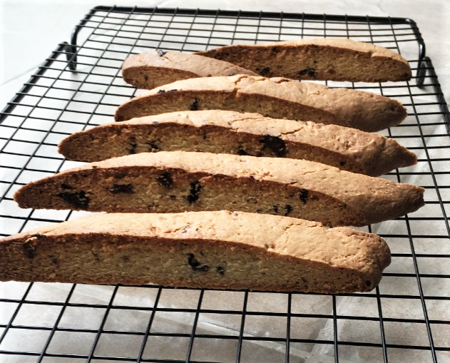 Chocolate chunk biscotti on a wire cooling rack