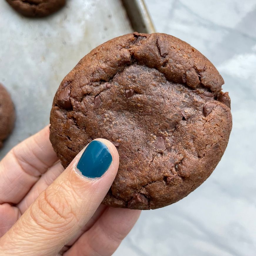 Stacy's hand holding a chocolate cookie